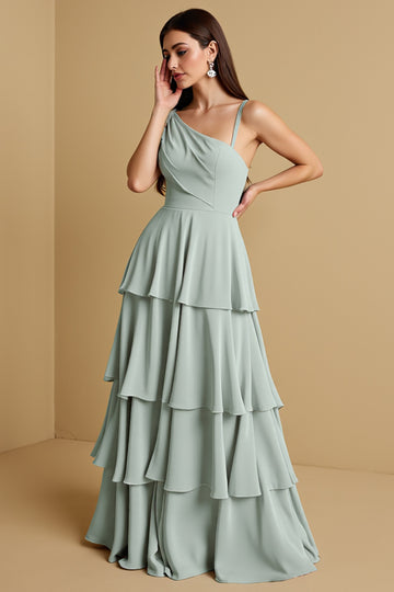 Tiered A-Line Long Sage Green Bridesmaid Dress